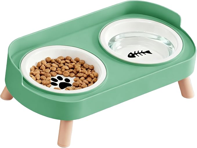 Elevated Cat Bowls, 2 Ceramic Raised Cat Food and Water Bowl Set, Prevent Cat Chin Acne, Whisker Fatigue Friendly, Splash Proof & Dishwasher Safe for Indoor Cats and Small Dogs - Green
