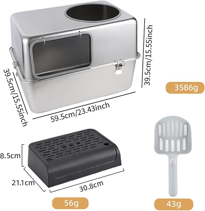 Hooded Cat Litter Box with Lid & Front Door Flap Stainless Steel Portable Pet Litter Tray Kitten Potty- with Pedal