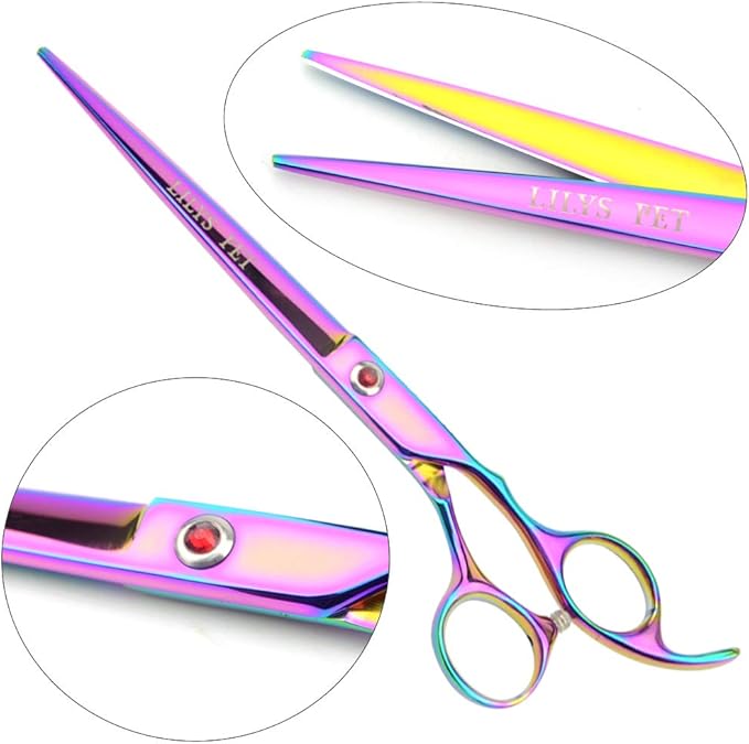 Professional PET DOG Grooming Coated Titanium scissors suit Cutting&Curved&Thinning shears (7.5 inches, Rainbow)…