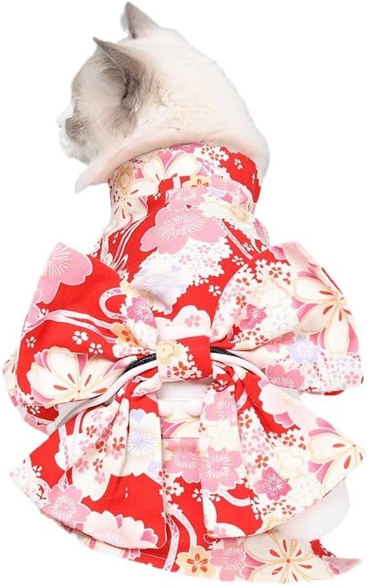 Cute Cat Kimono Dress SakuraFlower Pattern with Bowtie Pet Photo Cat Halloween Costume Cat Princess Cute Cat Outfit (Purple,M-7to12lb)