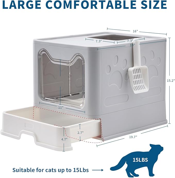 Medario Cat Litter Box with Litter Mat and Scoop, Large Covered Litter Box with Lid, Enclosed Kitty Box, Front Entry Top Exit, Odor Control, Easy to Clean (Grey)