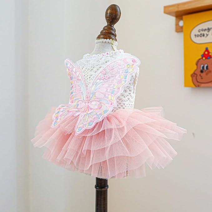 Fairy Dog Dress Cat Princess Outfit with Pink Tulle Skirt & Butterfly Wings, White Knit Top with Lace Collar, Pet Clothes for Small Dogs Cats Birthday Wedding Halloween 11-13.2lbs(Pink,L)