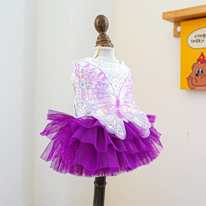 Dog Fairy Costume with Butterfly Wings, Cat Princess Dress for Small Dogs Girls, White Lace Knit Top and Purple Tulle Skirt, Fairy Wings for Dogs Halloween Outfit 8.3-10lbs (Purple,M)
