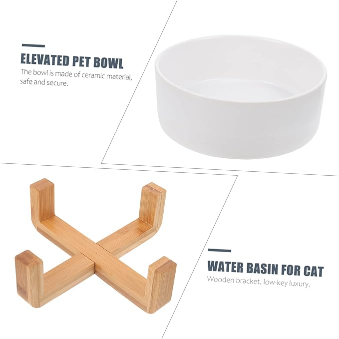 Practical Elevated Dog Bowl Ceramic Cat Feeding Watering Supplies Structure Non-Slip Wooden Shelf
