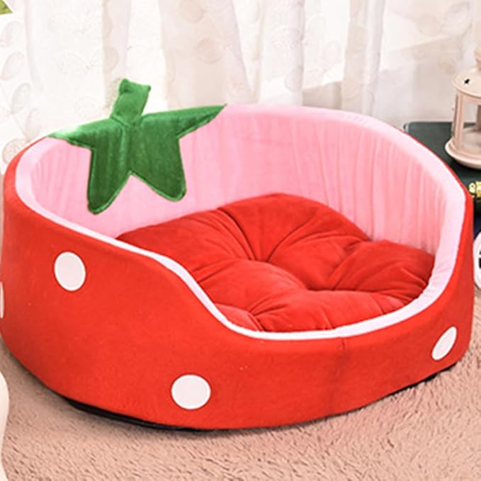 Strawberry Cat Bed, Cute Fluffy Pet Bed for Indoor Small Dogs, Pink Aesthetic Fancy Cat Sofa Couch with Removable Washable Cushion, Cozy Winter Puppy Bed for Teddy Poodle (M)
