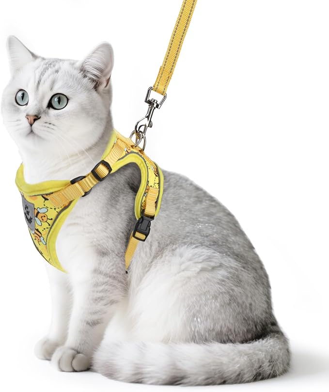 PUPTECK Cat Harness and Leash Set Escape Proof Reflective Cat Walking Harness Adjustable Soft Breathable Mesh Vest for Small Pets, Yellow Bee, S