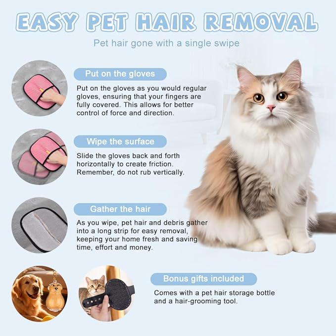 Pet Hair Removal Glove for Cats & Dogs,Upgraded Thicken Pet Hairs Gloves for Pet Hair Removal,Magic Brush Pet Hairs Remover Tool ，for Clothing, Couch, Carpet, Car Seat（Pink）