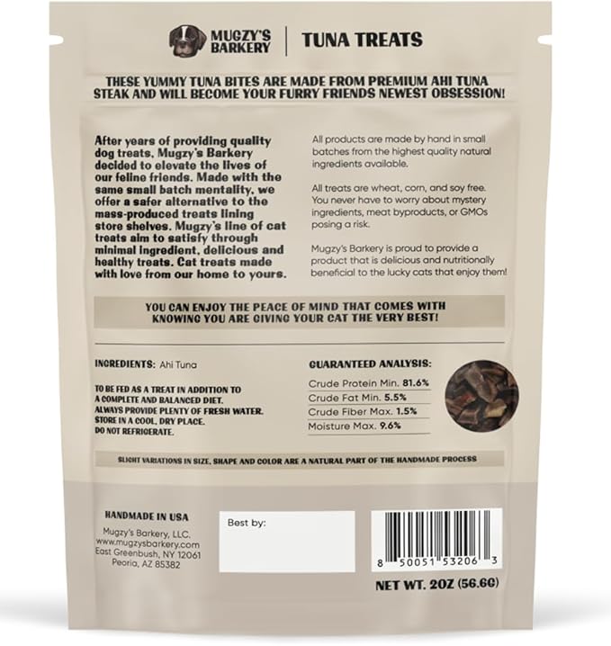 Mugzy's Barkery Ahi Tuna Cat Treat, Single Ingredient, Hand Cut, Small Batch Dehydrated, 81% Protein, Wheat Free, Corn Free, Gluten Free, Soy Free, No Additives, No Junk, 100% Ahi Tuna, 2oz