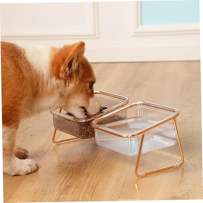 OUNONA Double Elevated Cat Bowl Set, Tilted Raised Iron Pet Feeder with Bowls, Neck Protection Design for Cats and Puppies, Easy-Clean Feeding and Watering Station
