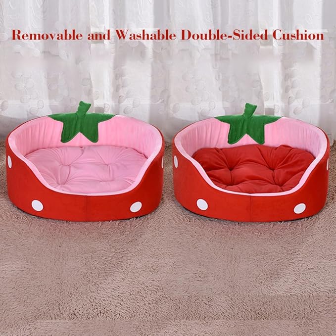 Strawberry Cat Bed, Cute Fluffy Pet Bed for Indoor Small Dogs, Pink Aesthetic Fancy Cat Sofa Couch with Removable Washable Cushion, Cozy Winter Puppy Bed for Teddy Poodle (S)