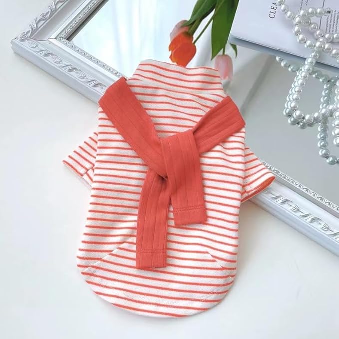Soft Puppy Stripe Dog Shirts Pet Apparel Cat Tee Dog Sweatshirt Pet Breton Top Pet Clothes for Small Dogs (Orange Red, Small)