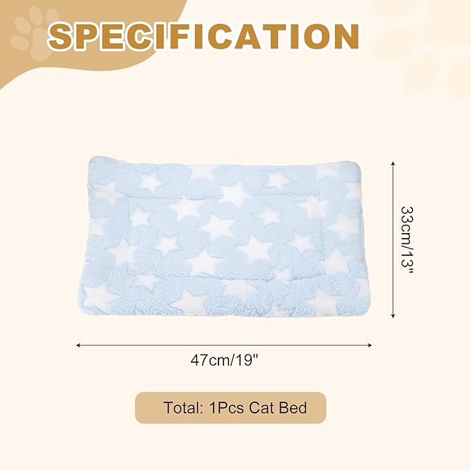 Dog Cat Bed Mat, Soft Coral Fleece Pet Cushion Pad with Cute Stars Print, Warm Washable Pet Bed 19x13 Inches, (Blue), Intended for Medium Small Dog Cat
