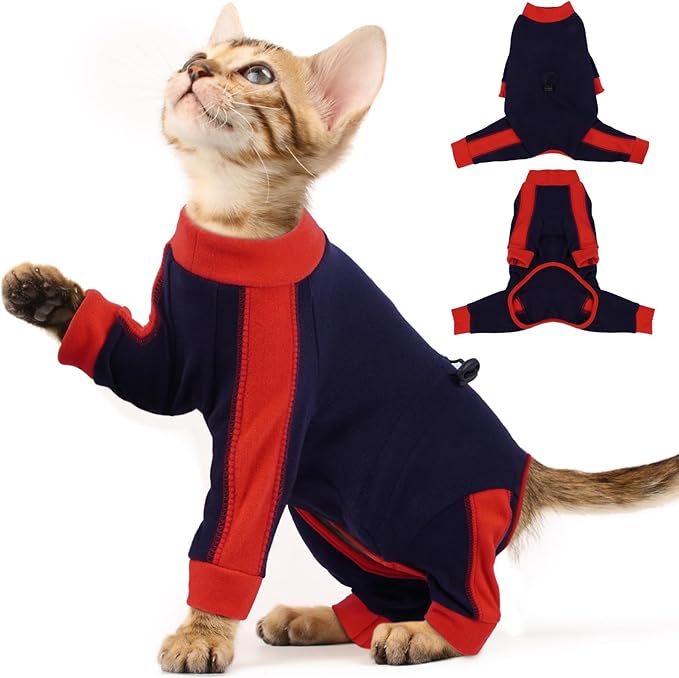Cat Pajamas for Cats Only, Sticky Hair Cat Clothes, Long Sleeve Sphynx Clothes, Anti-Licking or Skin Disease Recovery Suit for Female Cats, Kitten Onesie Pajamas, DarkBlue, 2XL