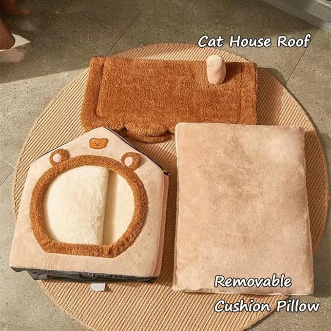 Cat Beds for Indoor Cats, Cute Bear Shape Cat Bed Cave, Pet House Cats Tent with Removable Cushion Pillow for Kittens Puppy Small Dogs (Brown, M-18 * 14.6 * 15.7in)