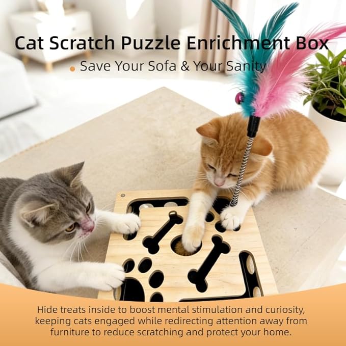 Cat Nail File Scratch Enrichment Box Enrichment Puzzle Toy for Indoor Cats Interactive Cat Scratch Puzzle Enrichment Box Toy with Sandpaper and Bell Ball, Nail File Stress for Cats