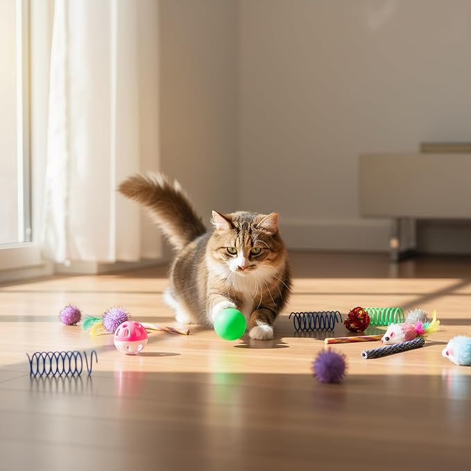 Nicunom 100 Pcs Cat Toys for Indoor Cats and Kittens - Spring, Fur Mice, Crinkle Ball, Sparkle Pom Pom Ball, Bell, Catnip Rope, Variety Cat Interactive Toy Set