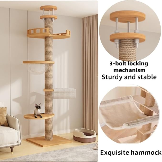 Cat Tree Floor to Ceiling,Solid Wood Height Adjustable Cat Tower,6-9.5ft Tall Cat Tree with Scratch Post for Large Cats,Aesthetic Multi-Level Cat Climbing Tree for Indoor Cat (L)