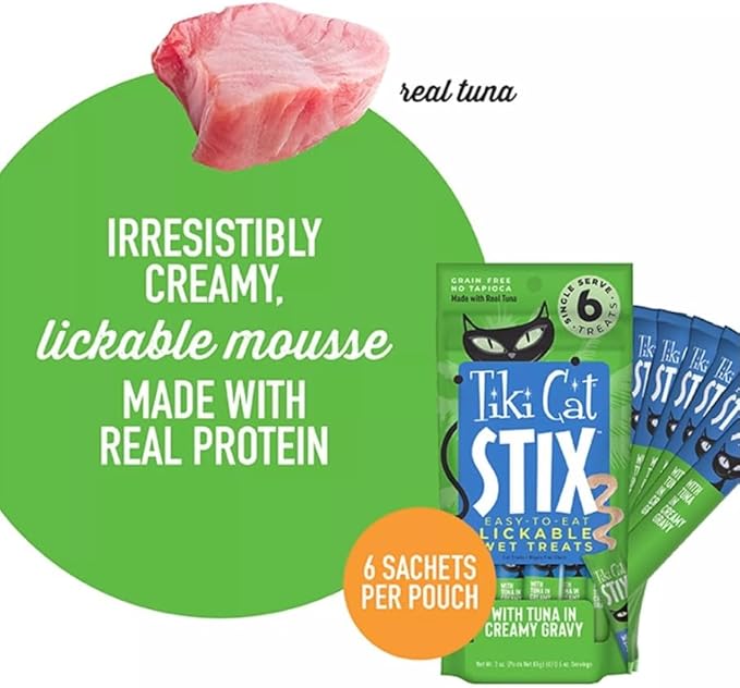 Tiki Cat Stix Wet Treats, Grain Free Lickable Smooth Mousse Blend with Tuna Creamy Gravy 6 Stix in 1 Pouch (Pack of 2), Plus 1 Cat Pom Pom Balls Toy