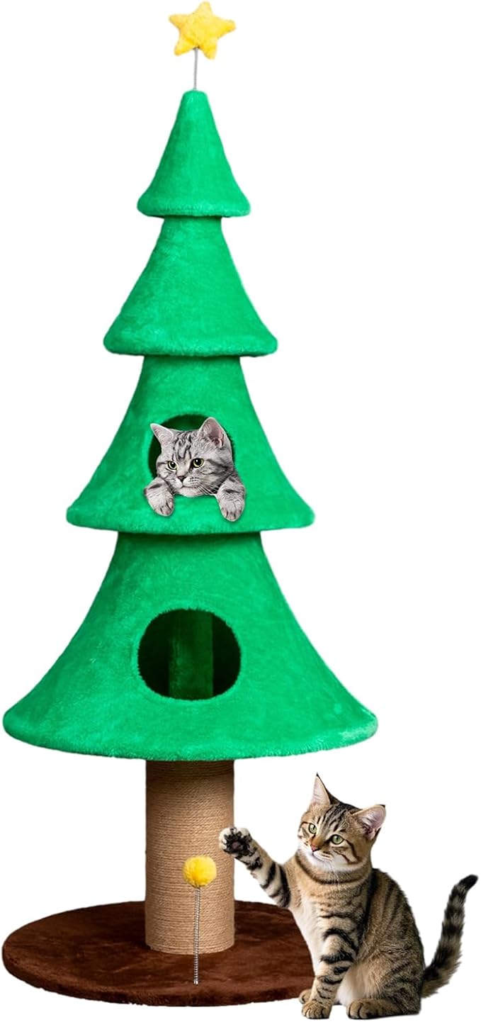 VINGLI 59in Large Christmas Tree Cat Tower for Indoor Cats, Green Cat Tree with 2 Cat Condos & Scratching Post, Soft Fleece Multi-Level Cat Tower with Teaser Toy, Sturdy Wide Base & Built-in Openings