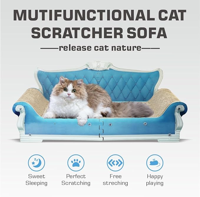 Extra Large Cat Scratcher Sofa Bed - 27.5" Durable Cat Couch & Scratching Board, Ergonomic Cardboard Lounge Furniture for Big Cats, Multi-Cat Households, Reversible Scratch Pad (Blue)