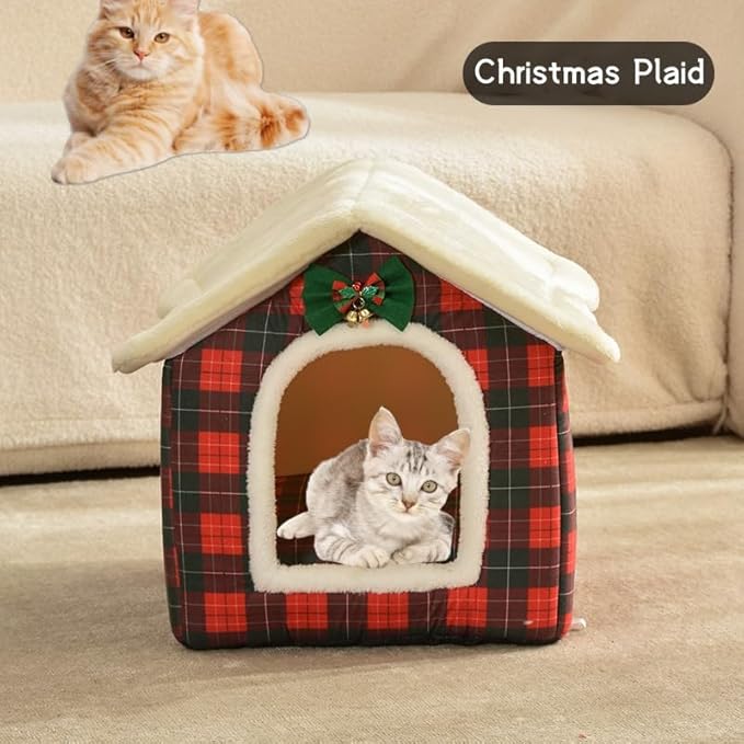 Cat Bed Cave, Cute Christmas Plaid Cat Beds for Indoor Cats, Pet House Cats Tent with Removable Cushion Pillow for Kittens Puppy Small Dogs (Plaid-M(18 * 14.6 * 15.7in))