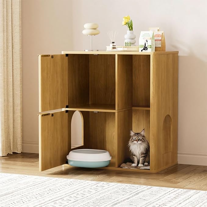 31.5" Cat Litter Box Enclosure Furniture, Fluted Hidden Litter Box Cabinet with Storage Shelf & Scratching Post, Wooden Cat House Side Table with Dual Entry Doors for Indoor Cats, Natural,Natural