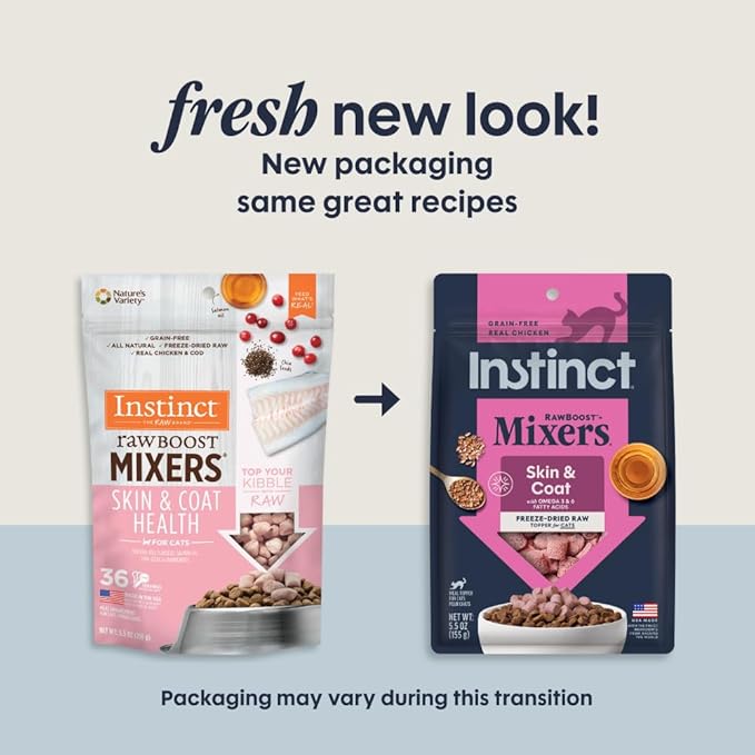 Instinct Raw Boost Mixers, Freeze Dried Cat Food Toppers with Functional Ingredients, Grain Free, Real Chicken - Skin & Coat Health, 5.5 oz Bag