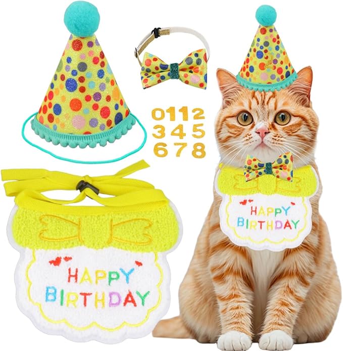 Cat Birthday Party Supplies, Girl Boy Cat Kitten Birthday Bandana Hat Numbers Decorations Outfits Set, Yellow