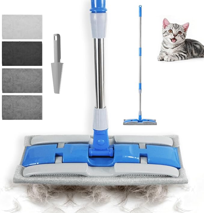 Electrostatic Dust Clip-On Mop for Pet Hair, 57" Adjustable Long Handle, 360° Rotating Head, 2 Reusable Static Cloths, 2 Microfiber Cloths & 1 Scraper, Ideal for Pet Loose Hair & Daily Dust Cleaning