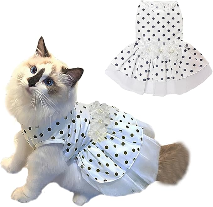 ANIAC Floral Cat Bridal Wedding Dresses Polka Dogs Small Dog Dress Female Ball Gown Puppy Princess Tutu Skirt Stretchy Pet Clothes for Spring Summer (White, Medium)