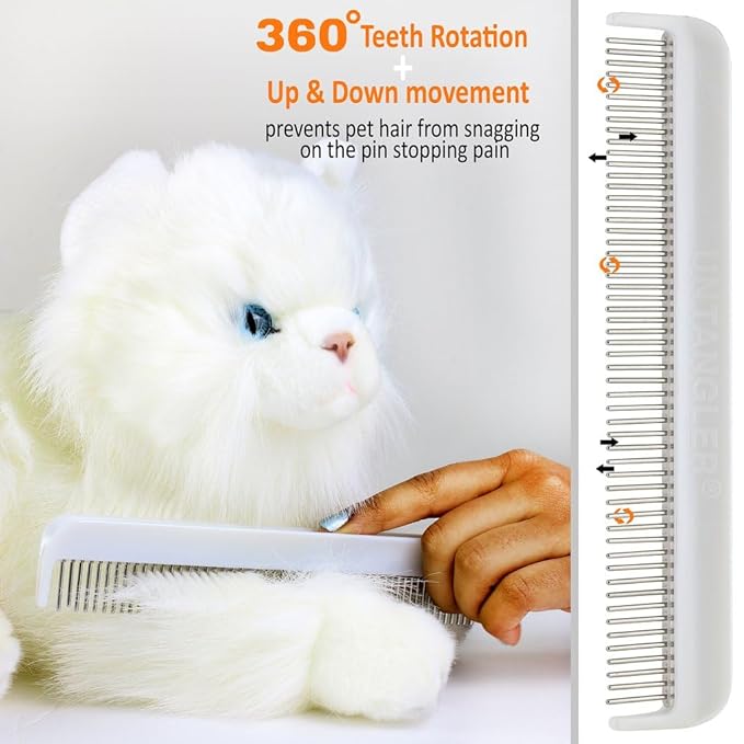 Cat Comb - 7" Dual-Spaced with Silky Smooth Rotating Teeth (White Sheen), Stainless Steel, for Cat Hair and Fur