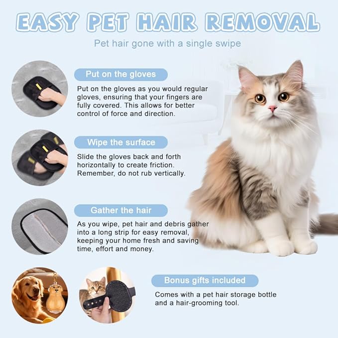 pet Hair Removal Glove for Pet Hair Remover, A Comb for Dog&cat and One More Keychain Used for Storing Commemorate Puppy Haris.for Clothing, Couch, Carpet, Car Seat(Black)