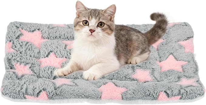 Dog Cat Bed Mat, Soft Coral Fleece Pet Cushion Pad with Cute Star Print, Warm Washable Pet Bed 13x10 Inches, (Gray Pink), Intended for Medium Small Dog Cat