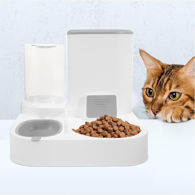 Automatic Pet Food Feeder and Water Dispenser, Large Capacity Dry and Wet Separation, Grey Pet Feeder Station for Cats and Dogs, Suitable for Multi-pet Feeding