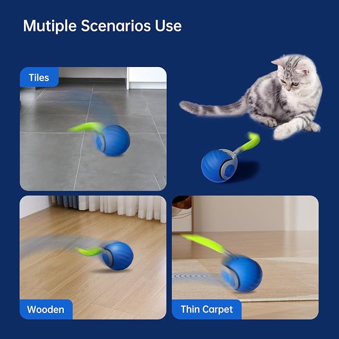Petgravity Speedy Sprint Cat Toy Ball, 2026 Upgraded Interactive Cat Toys for Indoor Cats Exercise, 2 Speeds Rechargeable Smart Moving Ball for All Breeds with 2 Detachable Tails, Blue
