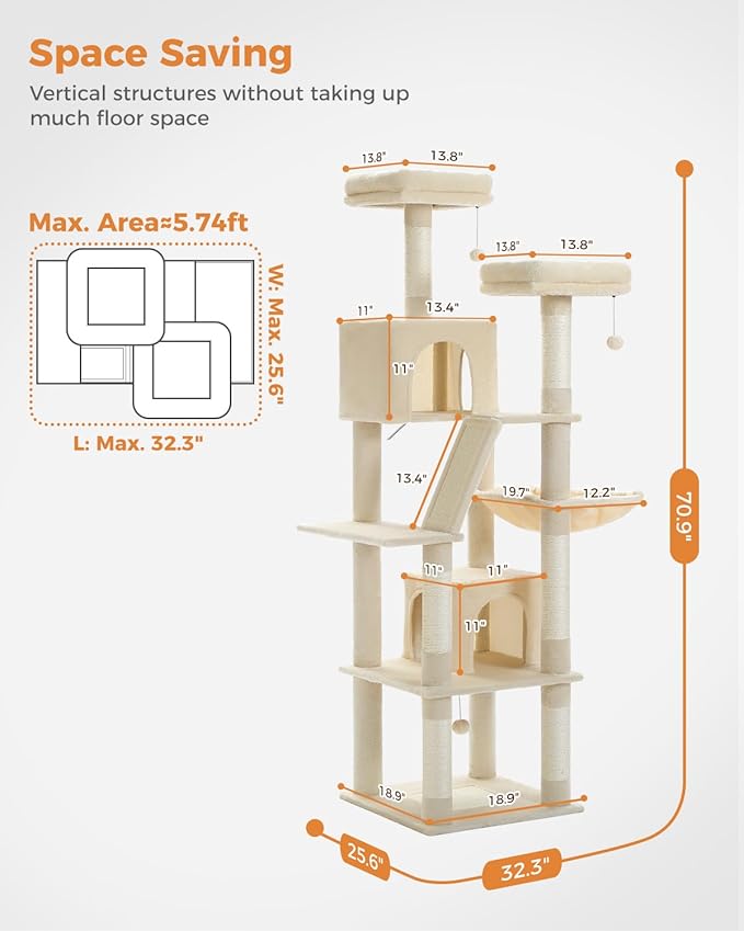 MUTTROS Tall Cat Tree 70.9", Large Cat Tower for Indoor Cats, Multi-Level Plush Cat Condo with 6 Scratching Posts, 2 Scratching Boards, 2 Perches, 2 Caves, Hammock, 2 Pompoms, Beige