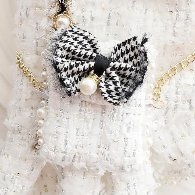 Pet Dress with Pearl Buttons, White Tweed with Black Bow and Rose Embellishments, Small Dog and cat Princess Outfit (White, Small)
