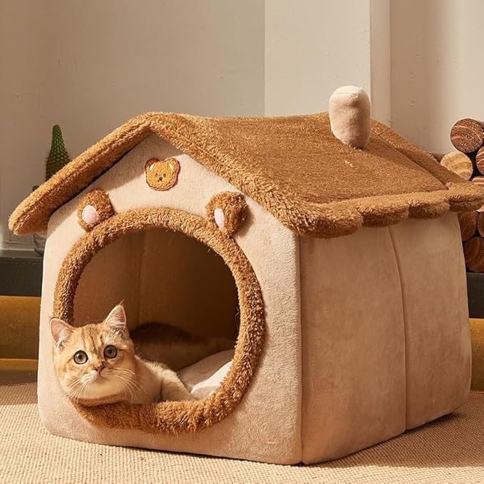 Cat Beds for Indoor Cats, Cute Bear Shape Cat Bed Cave, Pet House Cats Tent with Removable Cushion Pillow for Kittens Puppy Small Dogs (Brown, M-18 * 14.6 * 15.7in)