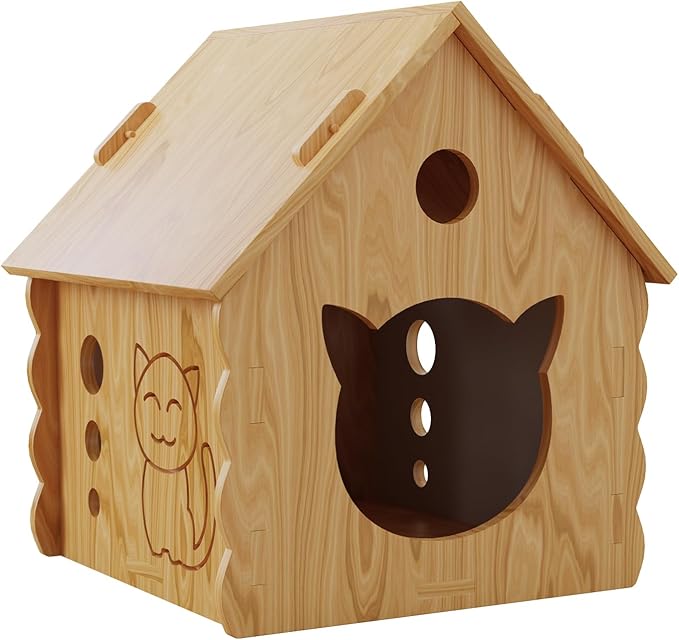 Pinewood Cat House,Habitat for Small Animals,Shelter for Wild Cats,Suitable for Indoor Kittens, Chickens and Dog with Air Vents Warm Cat Cave,Durable, Weather-Resistant, DIY Paintable,Easy to Install