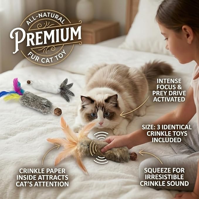 Cat Toys with Real Rabbit Fur Feather,3pcs Kitten Catnip Toy Gall Fruit Treat & Crinkle Paper for Kicking Teeth Cleaning & Stress Relief for Indoor Cats Interactive Christmas Birthday Gift