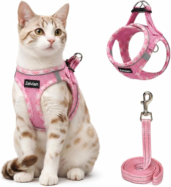 Cat Harness and Leash Set for Walking, Escape Proof Adjustable Soft Mesh Kitten Harness with Reflective Strips, Breathable No-Choke Pet Vest for Small Cats or Puppies(Pink,S)