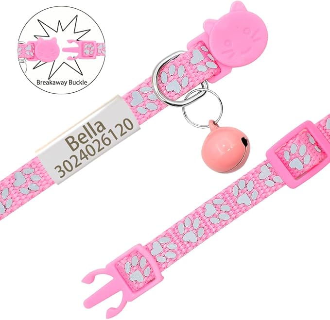Personalized 2 Pack Reflective Cat Collar,Custom Breakaway Cat Collars with Name Tag and Bell,Anti-Lost Nameplate Cat Collar for Girls & Boys (Pink,fit 8''-11.0'')