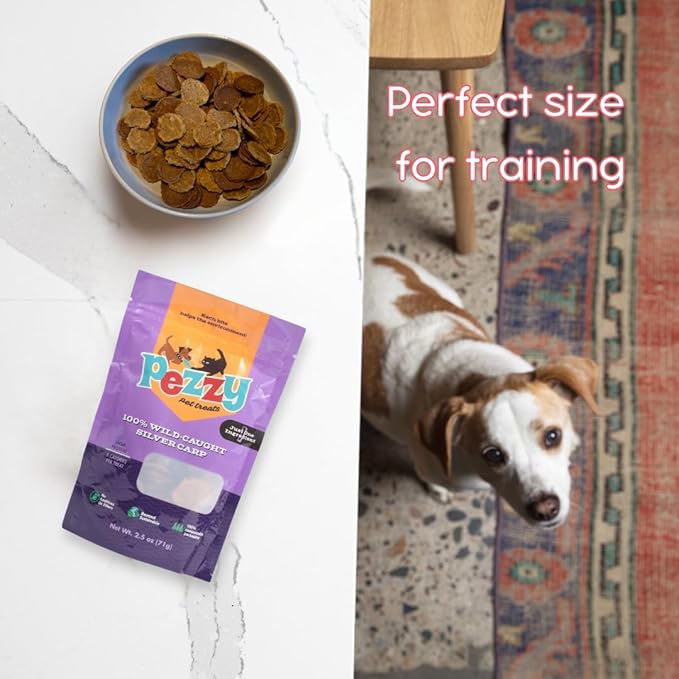 Pezzy Pets Silver Carp Chips Dog & Cat Treats | Single Ingredient | Wild Caught | Made w/Invasive Fish | Grain Free | High Protein + Low Fat | Hypoallergenic | Compostable Packaging | Made in The USA