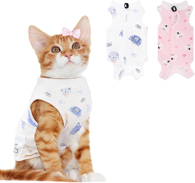 2 PCS Cat Recovery Suit for Spay Abdominal Wounds Cat Onesie for Cats After Surgery Recovery Suit Female Breathable E-Collar Alternative Kitten Onesie Anti Licking Small