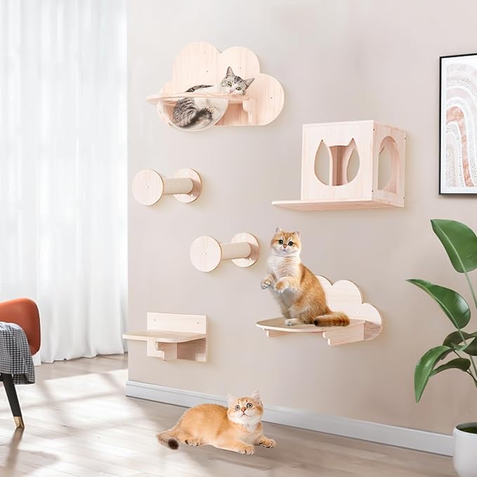 Cat Wall Furniture Set, Cat Wall Shelves Cat Wall Climber with 1 Cat Wall House and 1 Cat Wall Step Wooden Wall Mounted Cat Bed Cat Shelves and Perches for Indoor Cats Playing, Sleeping, Climbing