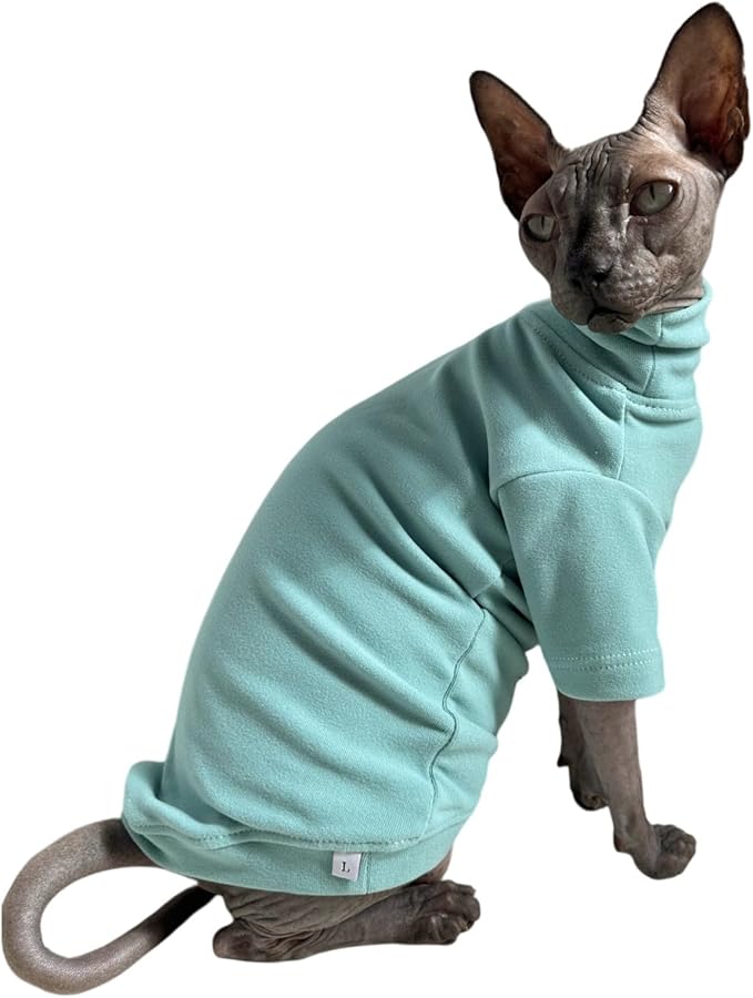Sphynx Cats Solid Warm Fleece Shirt Cat Turtleneck Undershirt Thermal Hairless Cat Clothes for Sphynx, Devon, Cornish Cat Clothes and Small Kitten and Dogs (Haze Blue, Small)