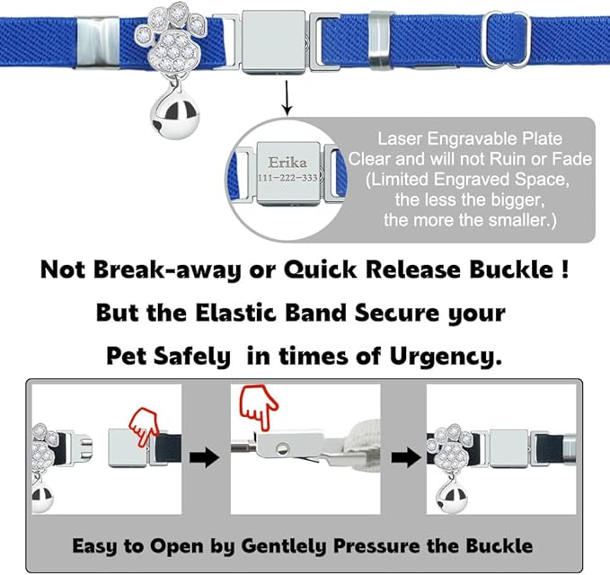 Personalized Safety Elastic Cat Collars with Bell,Laser Customized Stretch Kitten Collars for Girls Boys Cats-Royal Blue
