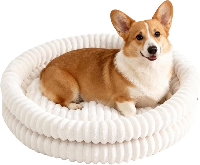 Small Dog Beds, Machine Washable Donut Large Cat Beds for Indoor Cats, Fluffy Round Pet Bed with Anti-Slip Bottom for Puppy and Kitten, White, 28"x28"x5"