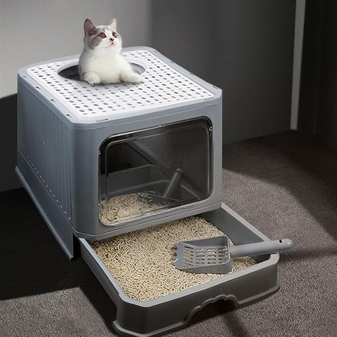 Pet Supplies, Foldable Enclosed Cat Litter Box with Lid,Top Entry, Anti-Splash & Easy Clean(Yellow)