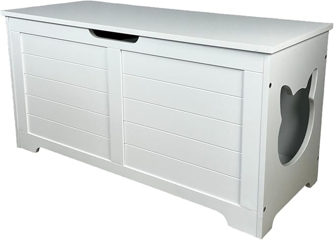 White Cat House with Hideaway Litter Box, Dog Proof Litter Boxes, Cabinet for Large Cats, Hidden Litter Box Cover, Cat Washroom, Enclosure Furniture.